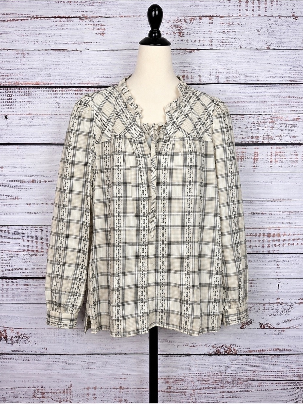 NWT LOFT Petite Plaid Floral Print Blouse Long Sleeve M